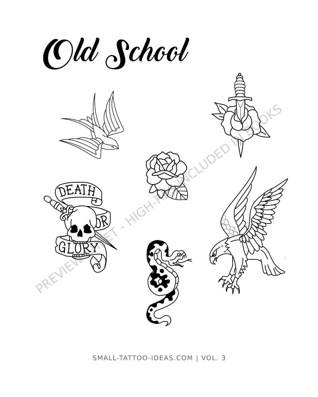 American traditional swallow eagle and snake tattoo flash sheet with clean black outlines for arm or leg placement