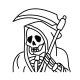 A bold memento mori grim reaper icon with a scythe, showcasing a strong traditional old school layout with solid contours.