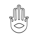 A simple highly symmetrical hand-shaped Hamsa amulet, drawn in an understated fine-line format as a discrete protective talisman.